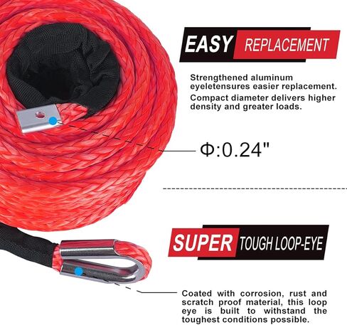 GRIPWAY 3/8" x 85' 23805LBs حبل كابل ونش صناعي مع كم حماية أسود لـ ATV UTV (أحمر) in Kuwait