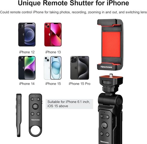 حامل ثلاثي مصراع الهاتف عن بعد من Newmowa، حامل ثلاثي قابل للطي مع جهاز تحكم عن بعد لاسلكي قابل للفصل لالتقاط صور فيديو iPhone/التكبير/تبديل العدسات، متوافق مع iPhone 6.1 بوصة (iOS 15 أعلاه) in Kuwait