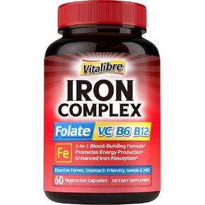 Iron Supplement for Women & Men, with Vitamins C, B6, B12 & Folate for Iron Deficiency, Blood Building & Energy Support, Stomach Friendly, Better Absorption, Non-GMO,No Gluten,120 Vegan Caps