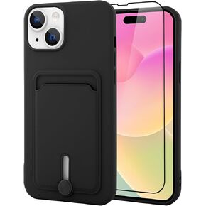 MZELQ TPU Wallet Compatible with iPhone 16 Case, Card Holder Camera Protection Cover + Screen Protector, Push-able Card Slot Case Designed for iPhone 16 Case Girls Women -Black