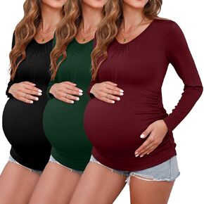 Ficerd 3 Pack Womens Maternity Shirts, Long Sleeve V-Neck T-Shirts Side Ruched Maternity Tunic Tops Casual Pregnancy Clothes