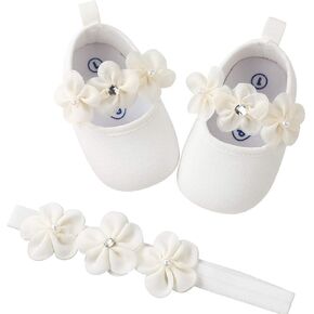 HsdsBebe 2pcs/Set Newborn Baby Girl Princess Mary Jane Shoes Toddler Infant Wedding Dress Flat Shoes with Free Headband in Saudi Arabia