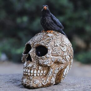 Arola Skull Head Sculpture Spider Decoration, Creative Flowers Skull Desktop Ornament，Skull Collectible for Home Office Desk Supplies.