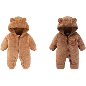 0-3 Months Newborn Baby Bear Onesie Outfit Suit Girls Boys Fleece Jumpsuit Romper Hooded Winter Snowsuit Clothes Newborn Baby Bear Onesie Outfit Suit Fold-Over Mittens Footies