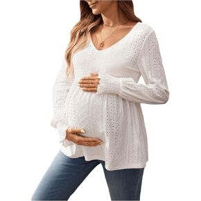MakeMeChic Women's Maternity Tee Shirt V Neck Shirred Long Sleeve Ruffle Pregnancy Tops