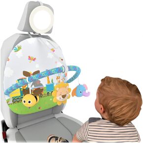 Baby car seat toy for travel with Rear Mirror, Car seat Double Sided Arch activity center Hanging Squeaky toy for infant 0-36 Months