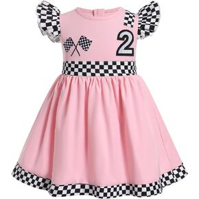 OBEEII Baby Girls Race Car Driver 1st 2nd Birthday Outfit Halloween Fancy Dress Checkerboard Printed Racer Girl Party Dress in Saudi Arabia