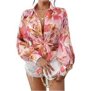 Women's Floral Printed Blouse Lantern Sleeve Long Sleeve Button Down Shirt Business Office Top