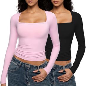 Enerful Women's Square Neck Long Sleeve T Shirts Sexy Slim Fit Crop Tops Basic Tees