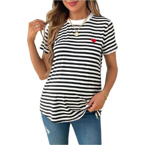 OYOANGLE Women's Maternity Shirts Striped Print Short Sleeve Crew Neck Tee Shirt Pregnancy Tops