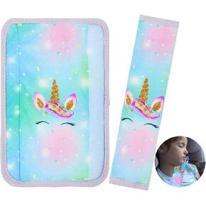 Bienbee Car Seat Belt Covers for Kids 2 Packs Seat Belt Cushion Unicorn Car seat Straps Covers Cute Seatbelt Shoulder Pads Neck Shoulder Support Seat Belt Pillow for Girls Boys Aqua Green Smile