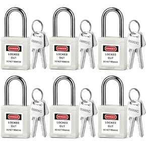 Lockout Tagout Locks,6 Pack Yellow Keyed Alike Loto Padlock,2 Keys per Set,1-1/2in (38MM) Steel Shackle,6-Pins Brass Cylinder,Key Retaining Function,White Plastic Body with Custom Laser Coding