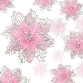 Geosar 36 Pcs Christmas Poinsettia Flowers Tree Decor Artificial Faux Glitter Xmas Ornaments New Year for Party Favor (Rose Gold)