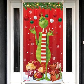 Sunwer Merry Green Christmas Door Cover Whoville Winter Holiday Party Decoration Front Porch Sign Backdrop Banner for Home Indoor Outdoor Decor