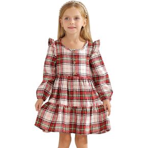Toddler Baby Girls Dress Plaid Ruffle Flannel Long Sleeve Button Zip A-Line Tiered Dress Fall Winter Outfits in Kuwait