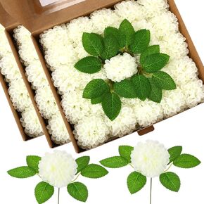 Lyrow 100 Pcs Artificial Wedding Dahlia Flowers Real Looking Foam Flowers with Stems Bulk Floral Arrangements Centerpiece for DIY Bridal Shower Arrangement Bouquet Party Tables Home (White)