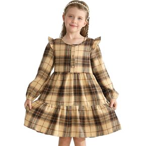 Toddler Baby Girls Dress Plaid Ruffle Flannel Long Sleeve Button Zip A-Line Tiered Dress Fall Winter Outfits