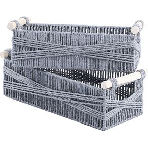 OUTBROS 2-Pack Woven Storage Baskets,Paper Rope Basket with Wood Handles, Decorative Boho Desk Wicker Storage Bins for Shelves, Organizer Container,White,STB205-ZWS
