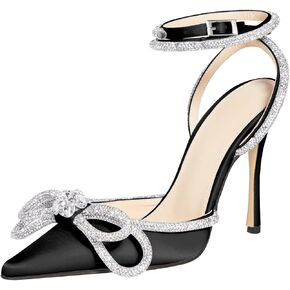 MIRAAZZURRA Rhinestone Bow Heel Sandals Double Bow Crystal Satin Point Toe Stiletto High Heels with Ankle Strap for Bridal Wedding Party