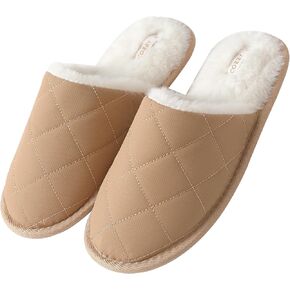 COZZY women’s faux fur slippers with chic quilted technical fabric exterior for winter, warm and cozy slip on indoor women's slippers with memory foam and anti-slip sole for cold weather