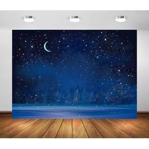 BELECO 7x5ft Fabric Winter Wonderland Night Snowfall Backdrop Blue Starry Sky Moon Stars Snowflakes Fir Trees Pine Forest Snow Scene Background Christmas New Year Party Decoration Photo Studio Props