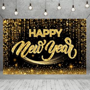 Happy New Year Backdrop-New Years Eve Party Supplies 2025 Black Gold Happy New Year Backdrop Banner Background for 2025 New Years Decorations