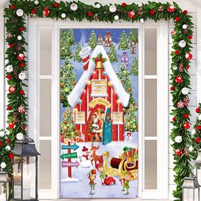 Christmas Door Decoration Fabric Santa Banner Snowy Winter House Backdrop North Pole Wall Scene Cover Christmas Photo Booth Wall Sign for Xmas Winter Holiday Wall Door Decoration (70.9 x 35.4 Inch)