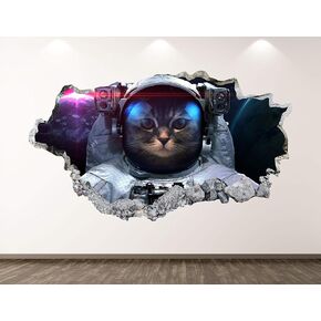 رائد الفضاء القط جدار صائق الفن ديكور 3D حطم الفضاء ملصق ملصق غرفة الاطفال جدارية مخصصة هدية BL203 (22 "W × 14" H)