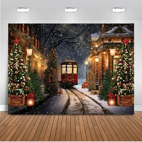 Mocsicka 10x8ft Christmas Train Backdrop for Photography Christmas Town Winter Train Xmas Snow Railway Christmas Tree Party Background Wonderland Snowflake Portrait Photo Studio Props