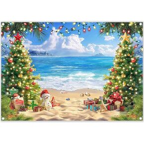 ZTHMOE Fabric 7x5ft Summer Hawaiian Beach Photography Backdrop Santa Christmas Tree Gift Ocean Background Luau Party Decoration Family Holiday Photo Booth Banner Props