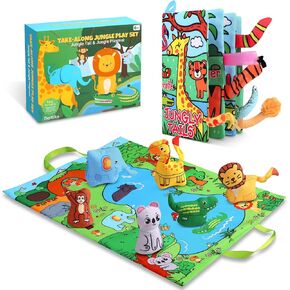 Take-Along Jungle Baby and Toddler Play Set – 2-in-1 Montessori Early Learning Toy: Jungle Tail Cloth Baby Book & Jungle Playmat with 6 Animal Toys, Great Infant Newborn Shower Gift