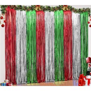 3 Pack Christmas Foil Fringe Curtains, 3.3 x 6.6 ft Red Silver Green Tinsel Fringe Party Photo Backdrop for Christmas, New Year,Ugly Sweater Party Decorations