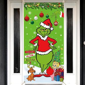 Sunwer Whoville Christmas Door Cover Merry Xmas Winter Holiday Party Decoration Front Porch Sign Backdrop Banner for Home Indoor Outdoor Decor