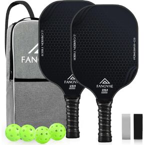 Carbon Fiber Pickleball Paddles Set of 2, Carbon Fiber Surface (CFS), Polypropylene Honeycomb Core, Anti-Slip Sweat-Absorbing Grip, 4 Pickleballs, Portable Carry Bag, 2 Grip Tapes, Black