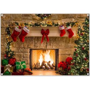 ZTHMOE 7x5ft Polyester Christmas Fireplace Photography Backdrop Vintage Xmas Tree Sock Background Santa Gift Party Decorations Portrait Photo Banner Booth Props with Four Holes Easy to Hang
