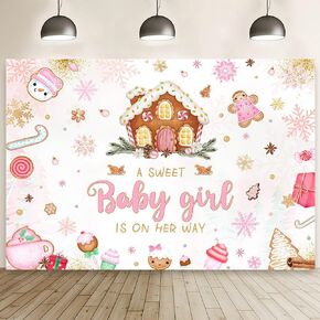 MEHOFOND 7x5ft Christmas Gingerbread House Baby Shower Backdrop A Sweet Baby Girl is On Her Way Photography Background Pink Snowflake Candyland Decor for Baby Girl Cake Table Banner Photo Booth Props