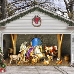 Lofaris Christmas Garage Door Banner - Nativity Scene Decorations, 13 x 6 ft Outdoor Cover for Holiday Parties - Joy to The World, Holy Night Backdrop for Xmas and Winter Celebrations