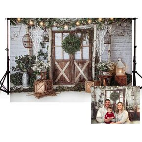 MEHOFOTO 7x5ft Winter Christmas Dinner Party Photography Background Rustic Brown Wood Wall Door Glitter Lights Birdcage Xmas Backdrops Family Holiday Birthday Party Photo Props Banner Supplies