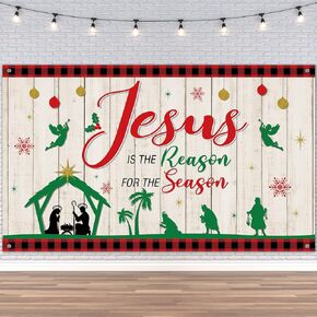 Tiamon Christmas Religious Backdrop Decoration, Jesus is the Reason for the Season Holiday Party Decoration Christian Nativity Theme Background with Rope Set for Indoor Outdoor Photo Booth