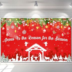 Avezano Christmas Nativity Backdrop Jesus is The Reason for The Season Yard Banner Red Jesus Christmas Decorations Christmas Nativity Banner for Christmas Xmas Birth of Jesus Decor 70.8 x 43.3 Inch