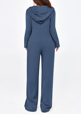 KIRUNDO Women's Long Sleeve Hooded Wide Leg Jumpsuits Zip Up Onesie Loose Pants Romper With Pockets Trendy Fall Outfits in Kuwait