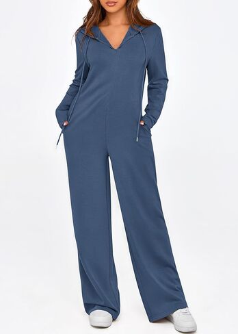 KIRUNDO Women's Long Sleeve Hooded Wide Leg Jumpsuits Zip Up Onesie Loose Pants Romper With Pockets Trendy Fall Outfits in Kuwait