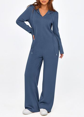KIRUNDO Women's Long Sleeve Hooded Wide Leg Jumpsuits Zip Up Onesie Loose Pants Romper With Pockets Trendy Fall Outfits in Kuwait