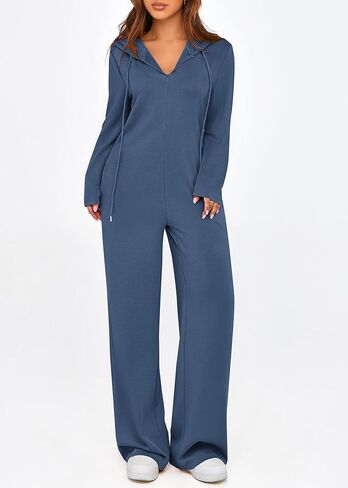 KIRUNDO Women's Long Sleeve Hooded Wide Leg Jumpsuits Zip Up Onesie Loose Pants Romper With Pockets Trendy Fall Outfits in Kuwait