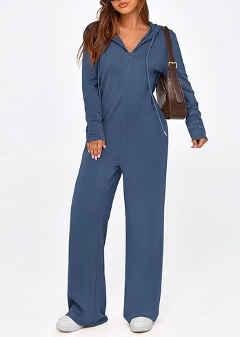 KIRUNDO Women's Long Sleeve Hooded Wide Leg Jumpsuits Zip Up Onesie Loose Pants Romper With Pockets Trendy Fall Outfits in Kuwait