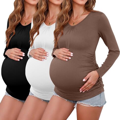 Ficerd 3 Pack Womens Maternity Shirts, Long Sleeve V-Neck T-Shirts Side Ruched Maternity Tunic Tops Casual Pregnancy Clothes in Saudi Arabia