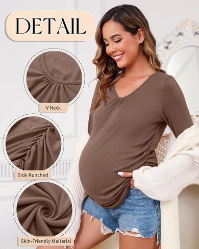 Ficerd 3 Pack Womens Maternity Shirts, Long Sleeve V-Neck T-Shirts Side Ruched Maternity Tunic Tops Casual Pregnancy Clothes in Saudi Arabia
