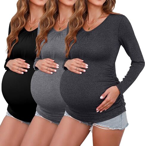 Ficerd 3 Pack Womens Maternity Shirts, Long Sleeve V-Neck T-Shirts Side Ruched Maternity Tunic Tops Casual Pregnancy Clothes in Saudi Arabia