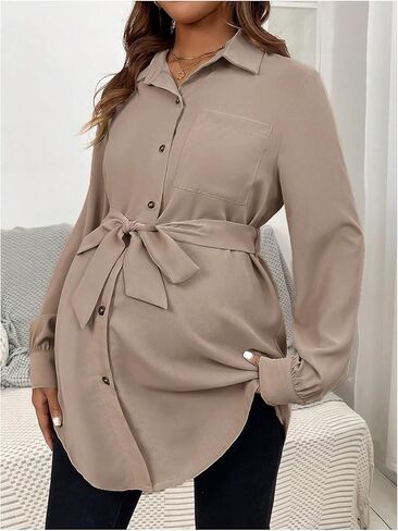 OYOANGLE Women's Maternity Button Up Long Sleeve Blouses Collared Belted Waist Loose Fit Blouse Shirts in Saudi Arabia