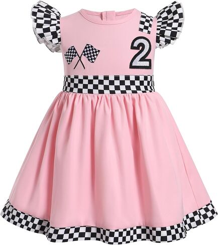 OBEEII Baby Girls Race Car Driver 1st 2nd Birthday Outfit Halloween Fancy Dress Checkerboard Printed Racer Girl Party Dress in Saudi Arabia